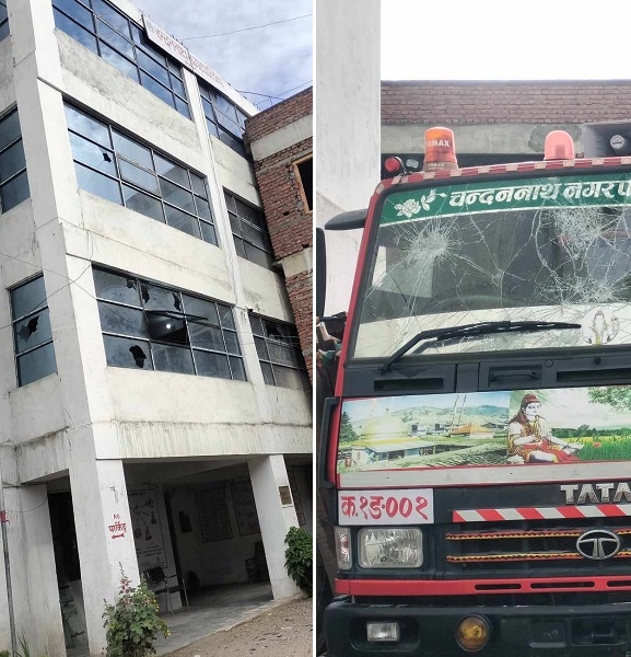 आगलागी भएको ठाउँमा दमकल नगएको भन्दै चन्दननाथ नगरपालिकामा तोडफोड